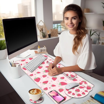 Strawberry Mouse Pad Large Desk Mat Set, Pink Ergonomic Mouse Pad