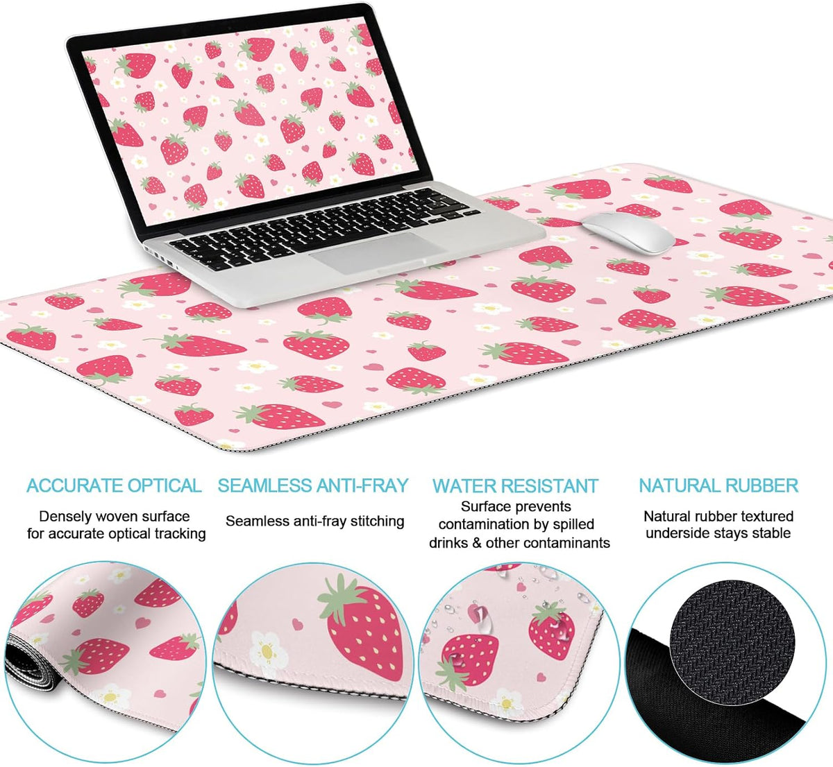 Strawberry Mouse Pad Large Desk Mat Set, Pink Ergonomic Mouse Pad