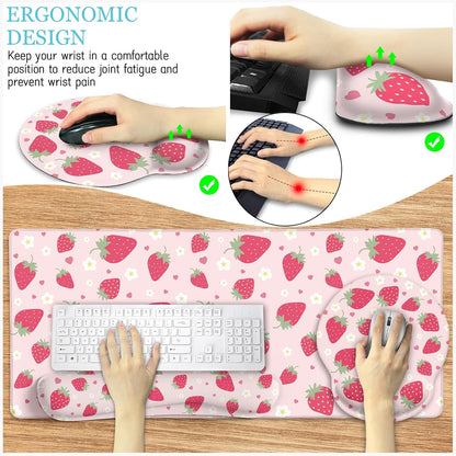 Strawberry Mouse Pad Large Desk Mat Set, Pink Ergonomic Mouse Pad