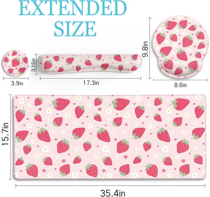 Strawberry Mouse Pad Large Desk Mat Set, Pink Ergonomic Mouse Pad