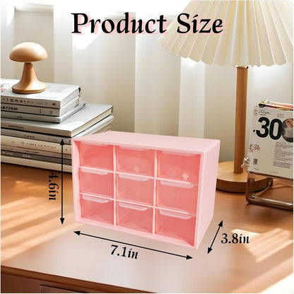 Small Drawer Organizer for Desk Pink, 7.1" x 3.8" x 4.6", 9 Clear Drawers