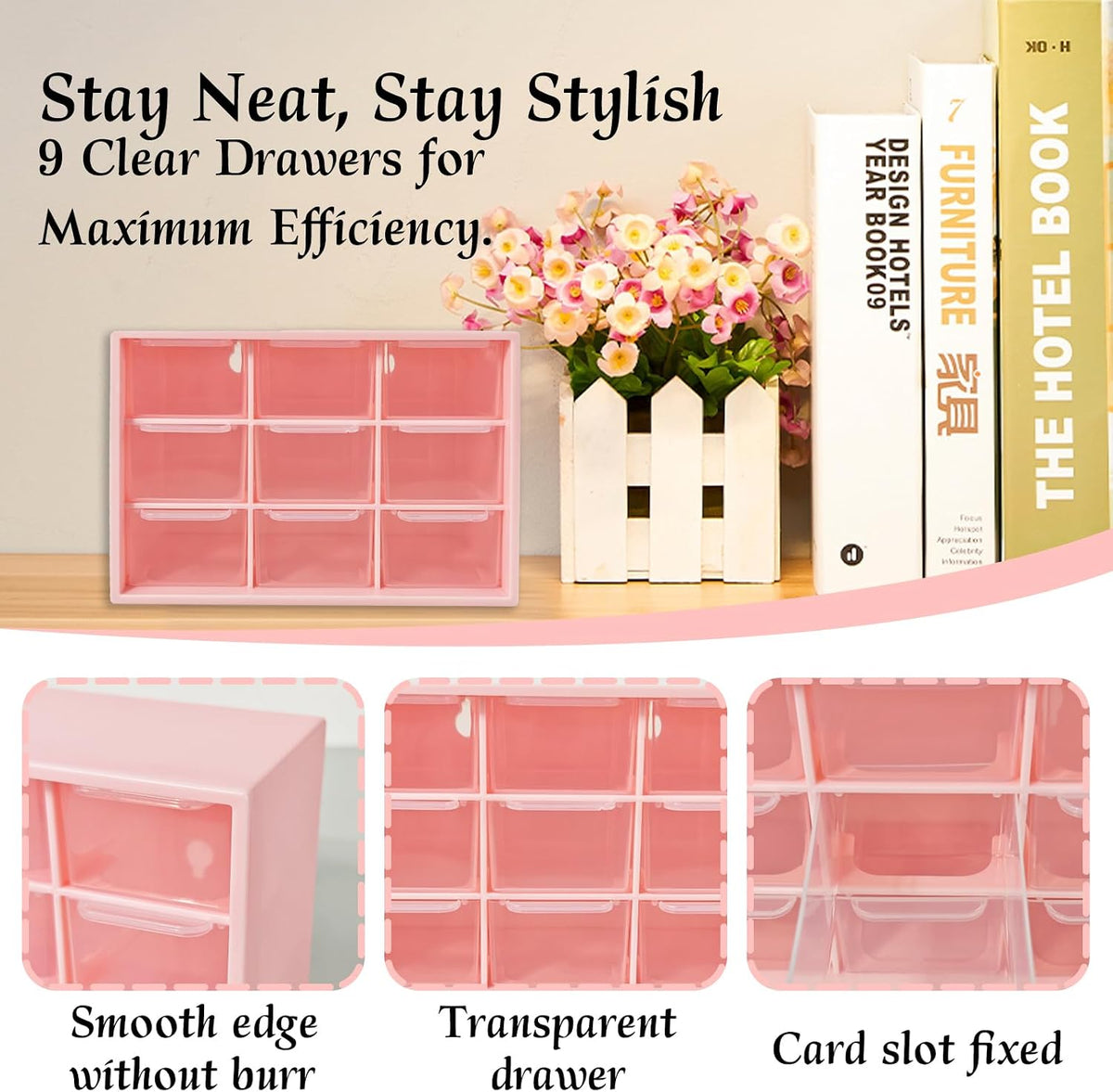 Small Drawer Organizer for Desk Pink, 7.1" x 3.8" x 4.6", 9 Clear Drawers