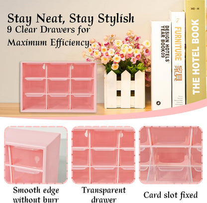 Small Drawer Organizer for Desk Pink, 7.1" x 3.8" x 4.6", 9 Clear Drawers