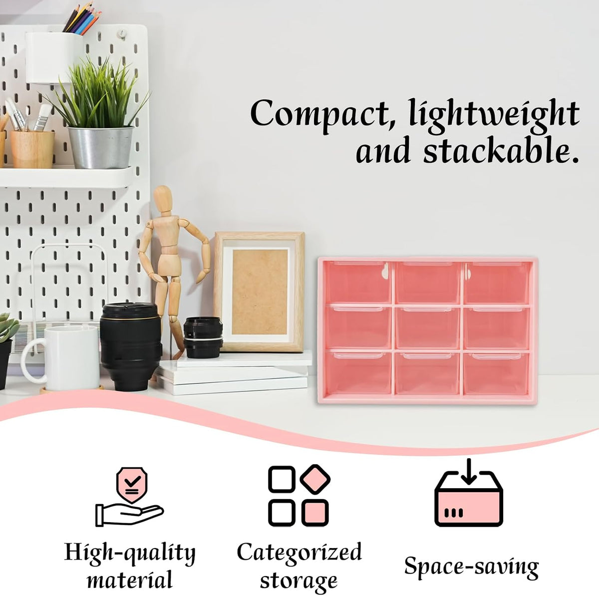 Small Drawer Organizer for Desk Pink, 7.1" x 3.8" x 4.6", 9 Clear Drawers