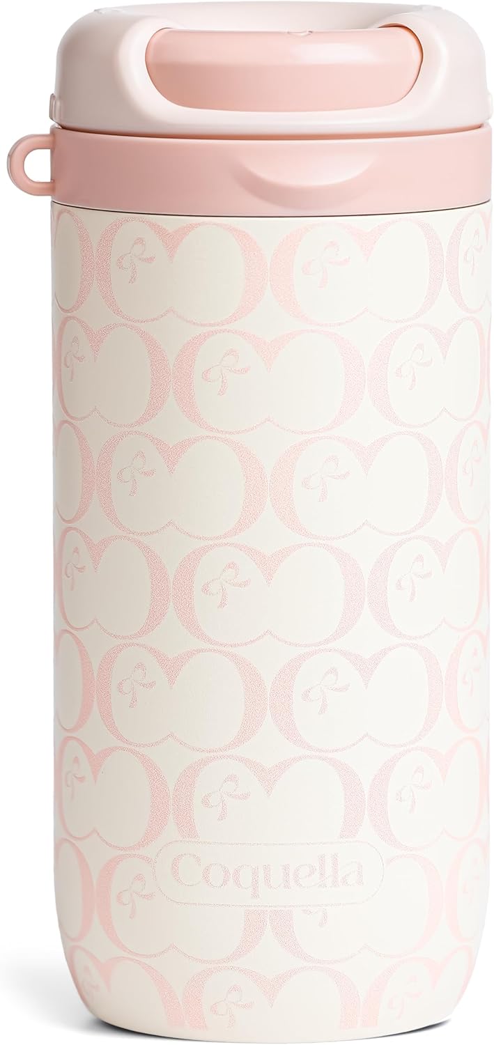 15 oz Stainless Steel Coffee Tumbler with Twist-Open Lid, Insulated Travel Mug for Iced Coffee Cold Brew and Warm Beverages, Leakproof, BPA-Free, Cup Holder Friendly, Bow Charm, Blush Pink