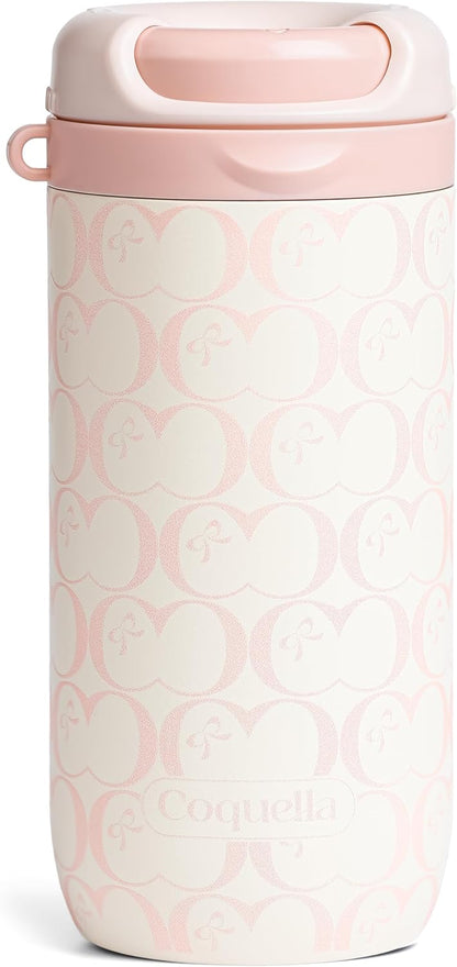 15 oz Stainless Steel Coffee Tumbler with Twist-Open Lid, Insulated Travel Mug for Iced Coffee Cold Brew and Warm Beverages, Leakproof, BPA-Free, Cup Holder Friendly, Bow Charm, Blush Pink