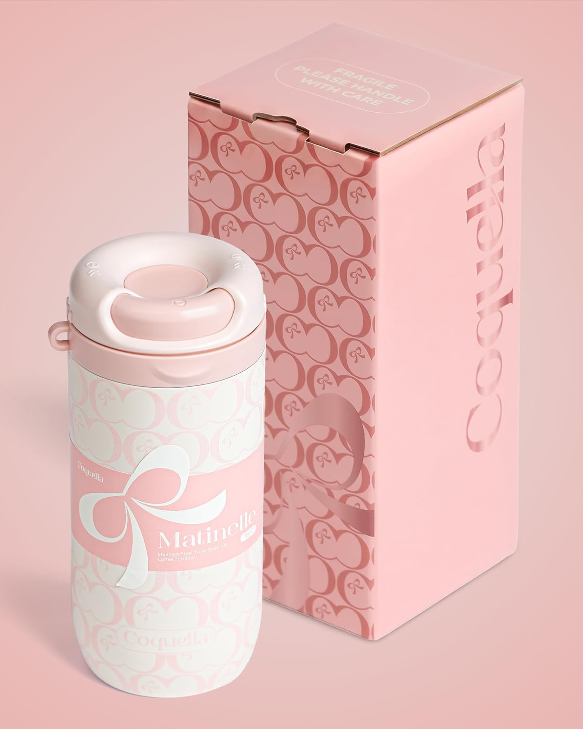 15 oz Stainless Steel Coffee Tumbler with Twist-Open Lid, Insulated Travel Mug for Iced Coffee Cold Brew and Warm Beverages, Leakproof, BPA-Free, Cup Holder Friendly, Bow Charm, Blush Pink