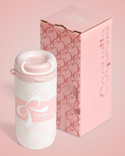 15 oz Stainless Steel Coffee Tumbler with Twist-Open Lid, Insulated Travel Mug for Iced Coffee Cold Brew and Warm Beverages, Leakproof, BPA-Free, Cup Holder Friendly, Bow Charm, Blush Pink