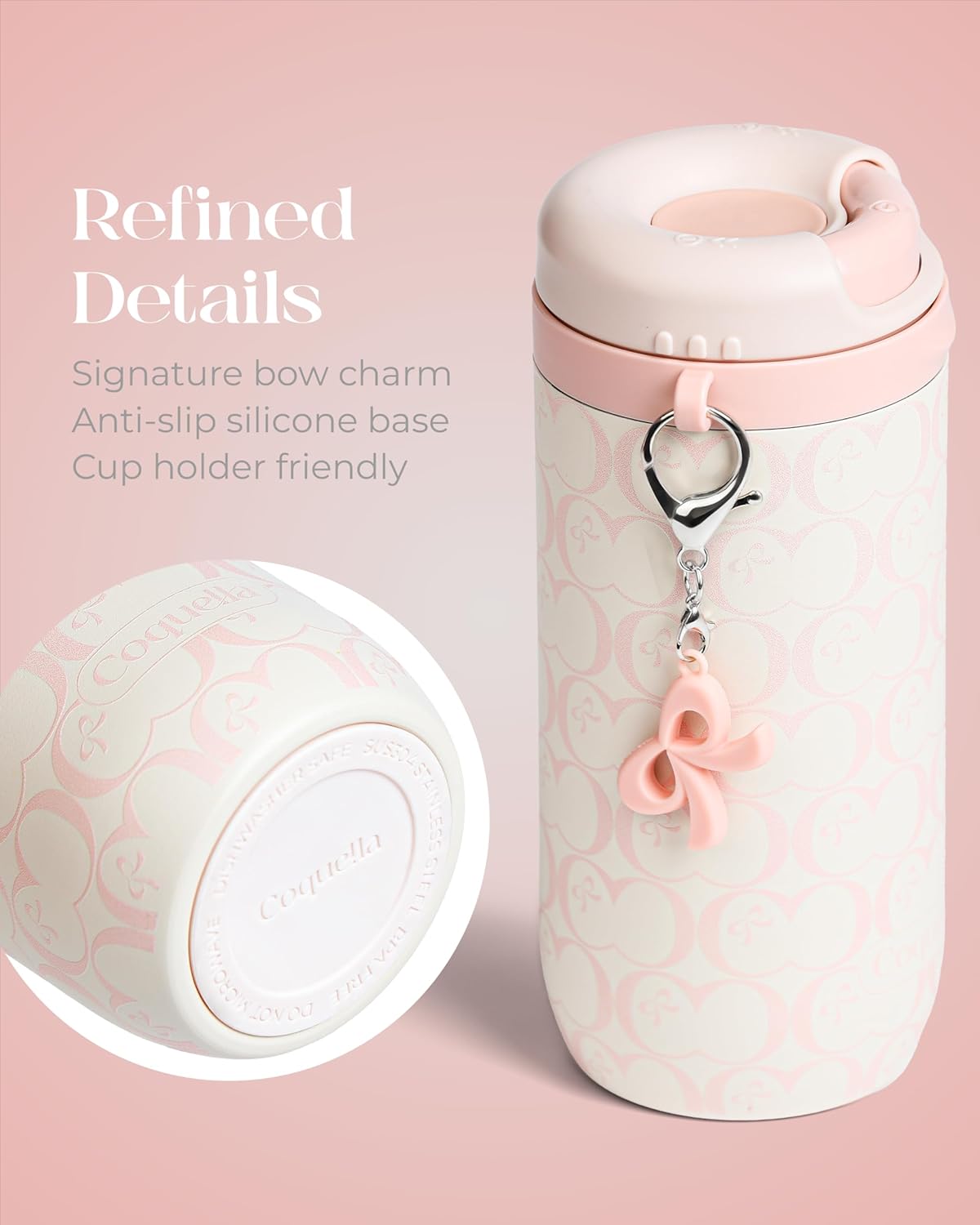 15 oz Stainless Steel Coffee Tumbler with Twist-Open Lid, Insulated Travel Mug for Iced Coffee Cold Brew and Warm Beverages, Leakproof, BPA-Free, Cup Holder Friendly, Bow Charm, Blush Pink