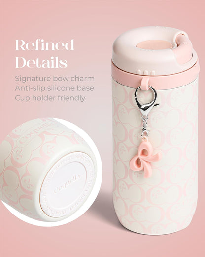 15 oz Stainless Steel Coffee Tumbler with Twist-Open Lid, Insulated Travel Mug for Iced Coffee Cold Brew and Warm Beverages, Leakproof, BPA-Free, Cup Holder Friendly, Bow Charm, Blush Pink