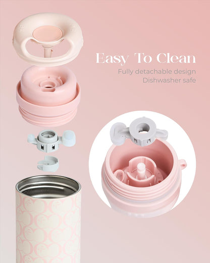 15 oz Stainless Steel Coffee Tumbler with Twist-Open Lid, Insulated Travel Mug for Iced Coffee Cold Brew and Warm Beverages, Leakproof, BPA-Free, Cup Holder Friendly, Bow Charm, Blush Pink