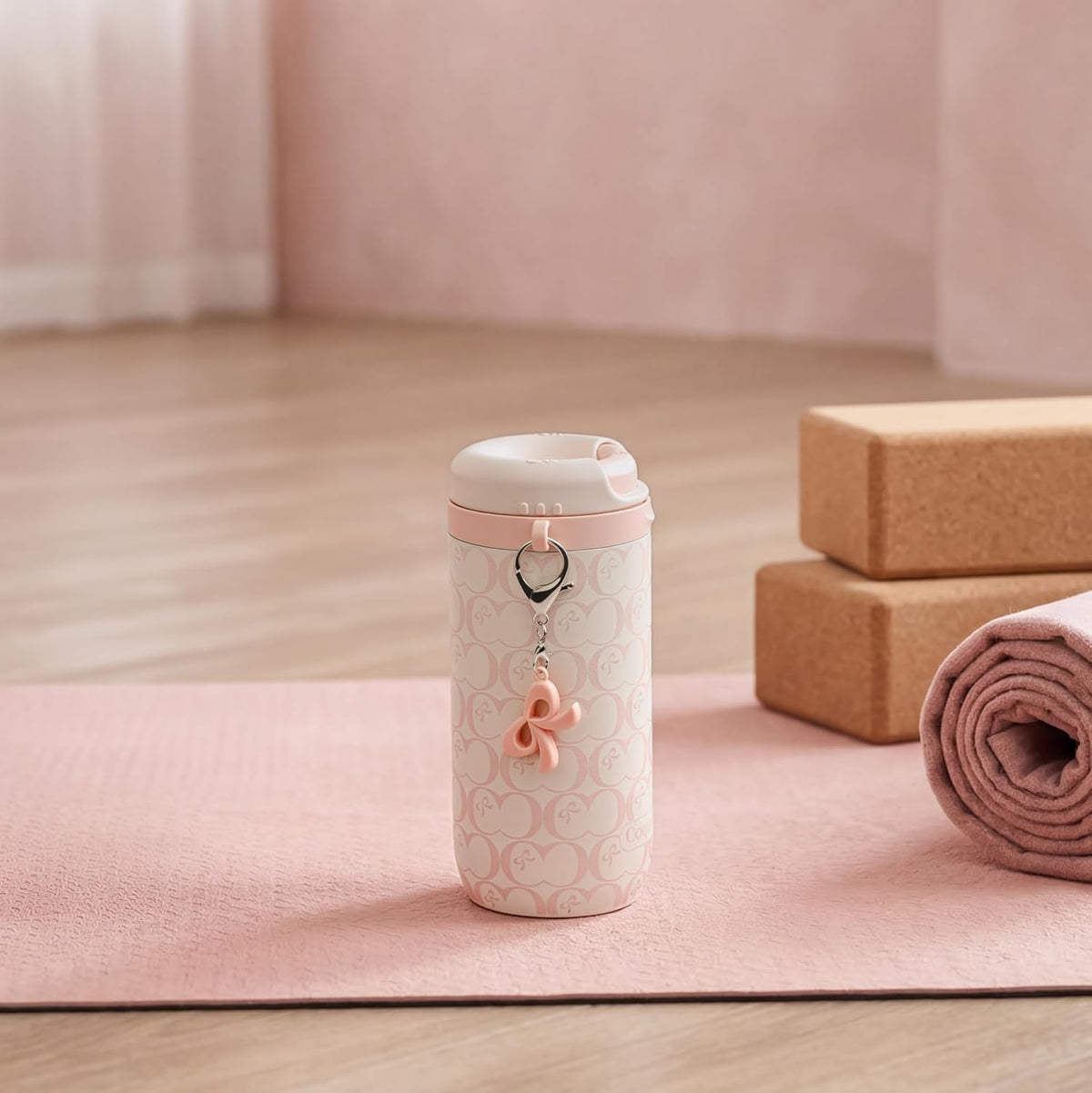 15 oz Stainless Steel Coffee Tumbler with Twist-Open Lid, Insulated Travel Mug for Iced Coffee Cold Brew and Warm Beverages, Leakproof, BPA-Free, Cup Holder Friendly, Bow Charm, Blush Pink