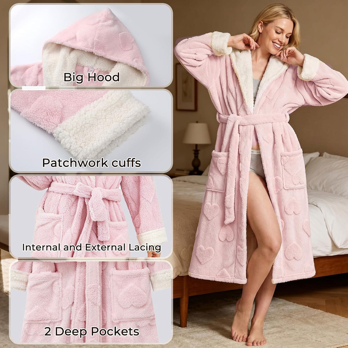 Womens Hooded Fuzzy Robe, Soft Plush Heart Jacquard Bathrobe, Long Cozy Fluffy Robe with Pockets