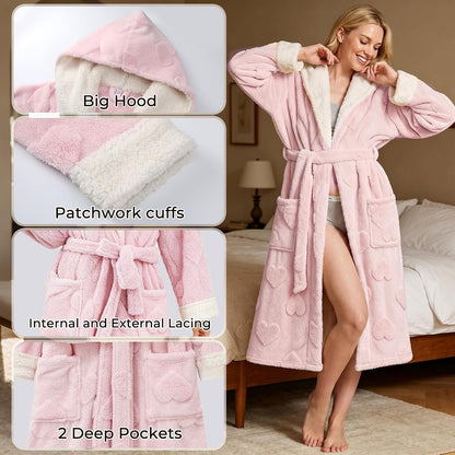Womens Hooded Fuzzy Robe, Soft Plush Heart Jacquard Bathrobe, Long Cozy Fluffy Robe with Pockets