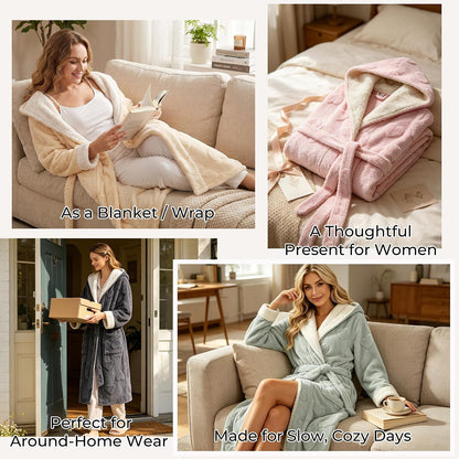 Womens Hooded Fuzzy Robe, Soft Plush Heart Jacquard Bathrobe, Long Cozy Fluffy Robe with Pockets