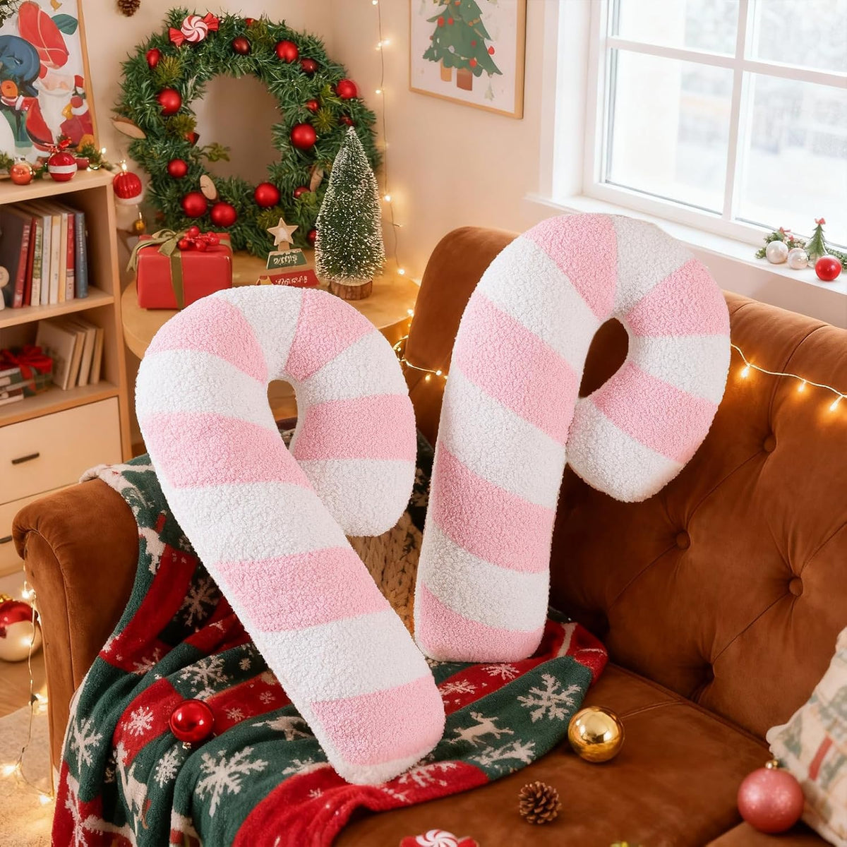 Christmas Candy Cane Pillows Set of 2, Christmas Decoration Winter Throw Pillow Soft Fleece Long Lumbar Candycane Lollipop Peppermint Cushion for Sofa Xmas Decor (22x12 inch, Pink)