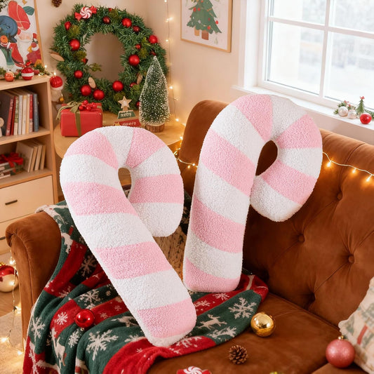 Christmas Candy Cane Pillows Set of 2, Christmas Decoration Winter Throw Pillow Soft Fleece Long Lumbar Candycane Lollipop Peppermint Cushion for Sofa Xmas Decor (22x12 inch, Pink)