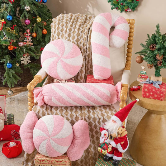 Christmas Candy Cane Pillows Set of 2, Christmas Decoration Winter Throw Pillow Soft Fleece Long Lumbar Candycane Lollipop Peppermint Cushion for Sofa Xmas Decor (22x12 inch, Pink)