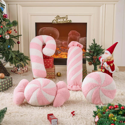Christmas Candy Cane Pillows Set of 2, Christmas Decoration Winter Throw Pillow Soft Fleece Long Lumbar Candycane Lollipop Peppermint Cushion for Sofa Xmas Decor (22x12 inch, Pink)