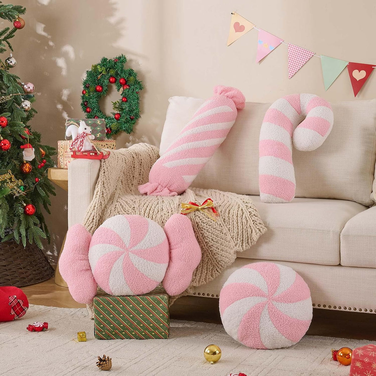Christmas Candy Cane Pillows Set of 2, Christmas Decoration Winter Throw Pillow Soft Fleece Long Lumbar Candycane Lollipop Peppermint Cushion for Sofa Xmas Decor (22x12 inch, Pink)