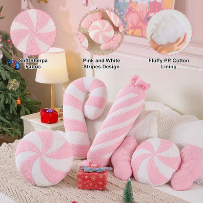 Christmas Candy Cane Pillows Set of 2, Christmas Decoration Winter Throw Pillow Soft Fleece Long Lumbar Candycane Lollipop Peppermint Cushion for Sofa Xmas Decor (22x12 inch, Pink)