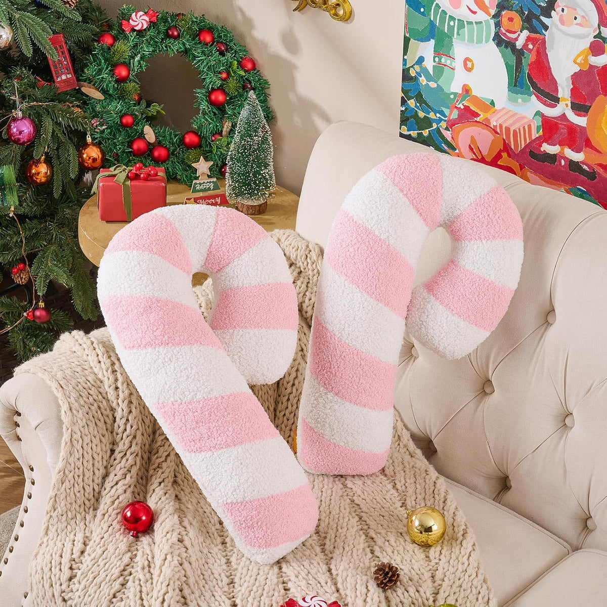 Christmas Candy Cane Pillows Set of 2, Christmas Decoration Winter Throw Pillow Soft Fleece Long Lumbar Candycane Lollipop Peppermint Cushion for Sofa Xmas Decor (22x12 inch, Pink)