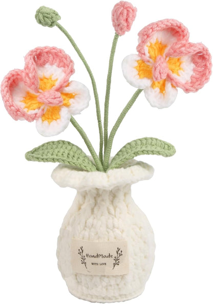 Cute Mini Crochet Orchid Potted Plants Handmade Knitted Artificial Phalaenopsis Orchid Flowers for Desk Accessories Graduation Appreciation Birthday for Women(Pink)