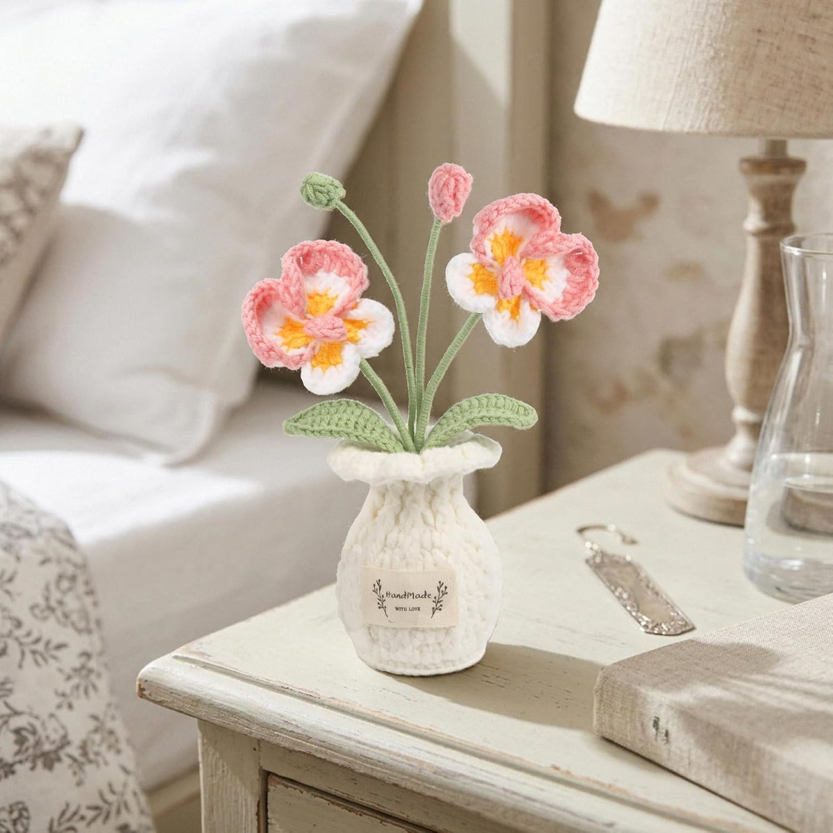 Cute Mini Crochet Orchid Potted Plants Handmade Knitted Artificial Phalaenopsis Orchid Flowers for Desk Accessories Graduation Appreciation Birthday for Women(Pink)