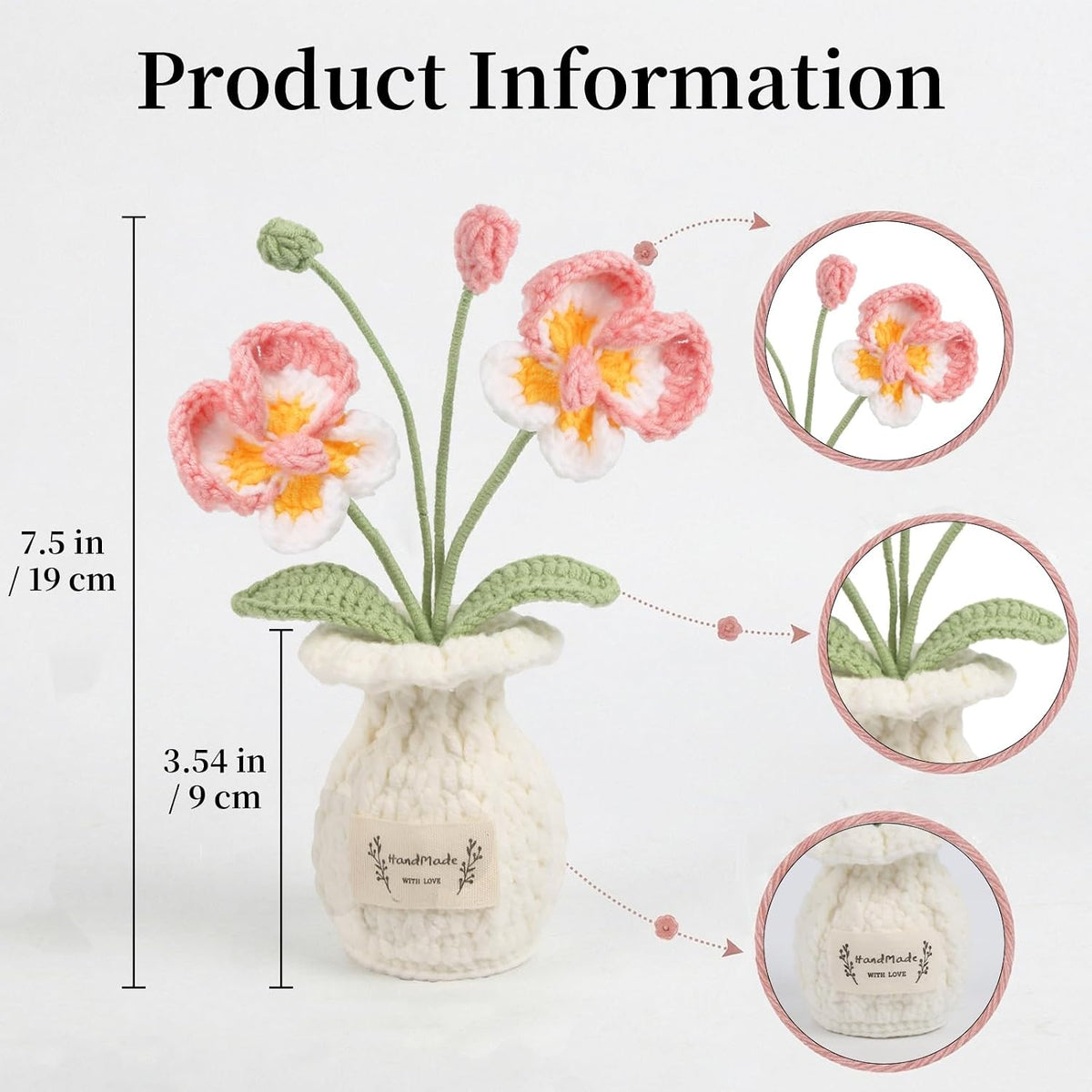 Cute Mini Crochet Orchid Potted Plants Handmade Knitted Artificial Phalaenopsis Orchid Flowers for Desk Accessories Graduation Appreciation Birthday for Women(Pink)