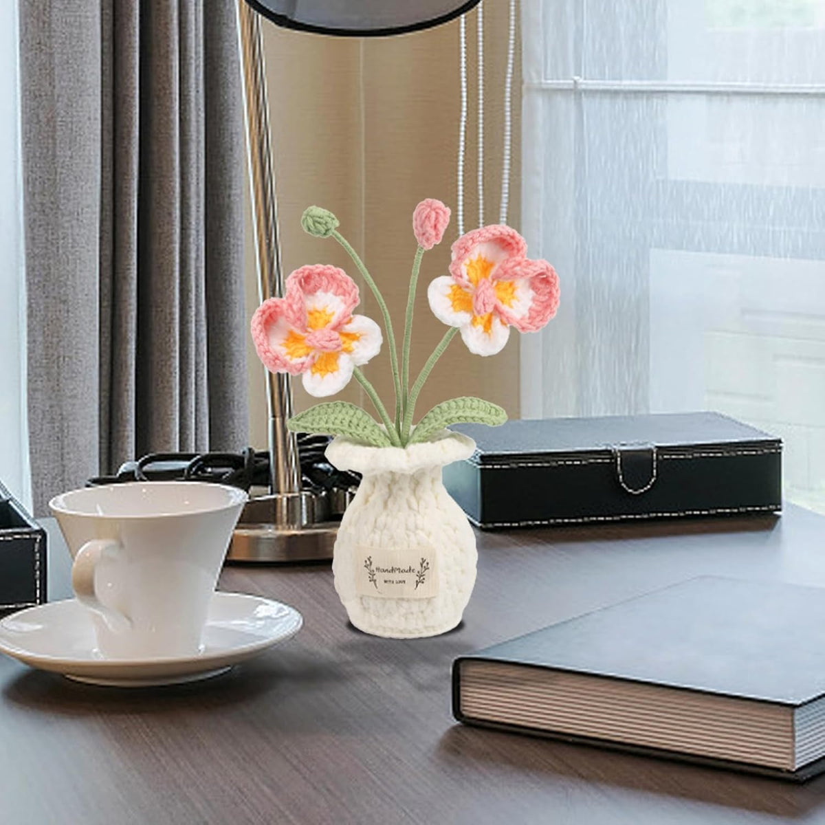 Cute Mini Crochet Orchid Potted Plants Handmade Knitted Artificial Phalaenopsis Orchid Flowers for Desk Accessories Graduation Appreciation Birthday for Women(Pink)