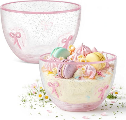2 Pcs Pink Bow Glass Bowls, 14 oz Clear Pink Glass Dessert Ice Cream Bowls, Coquette Aesthetic Candy Dish Snack Fruit Serving Bowl for Kitchen Tea Party Bridal Shower Room Decor