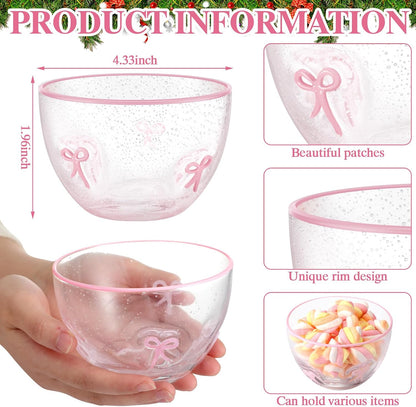 2 Pcs Pink Bow Glass Bowls, 14 oz Clear Pink Glass Dessert Ice Cream Bowls, Coquette Aesthetic Candy Dish Snack Fruit Serving Bowl for Kitchen Tea Party Bridal Shower Room Decor