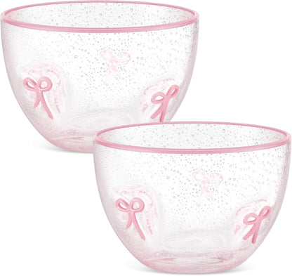 2 Pcs Pink Bow Glass Bowls, 14 oz Clear Pink Glass Dessert Ice Cream Bowls, Coquette Aesthetic Candy Dish Snack Fruit Serving Bowl for Kitchen Tea Party Bridal Shower Room Decor