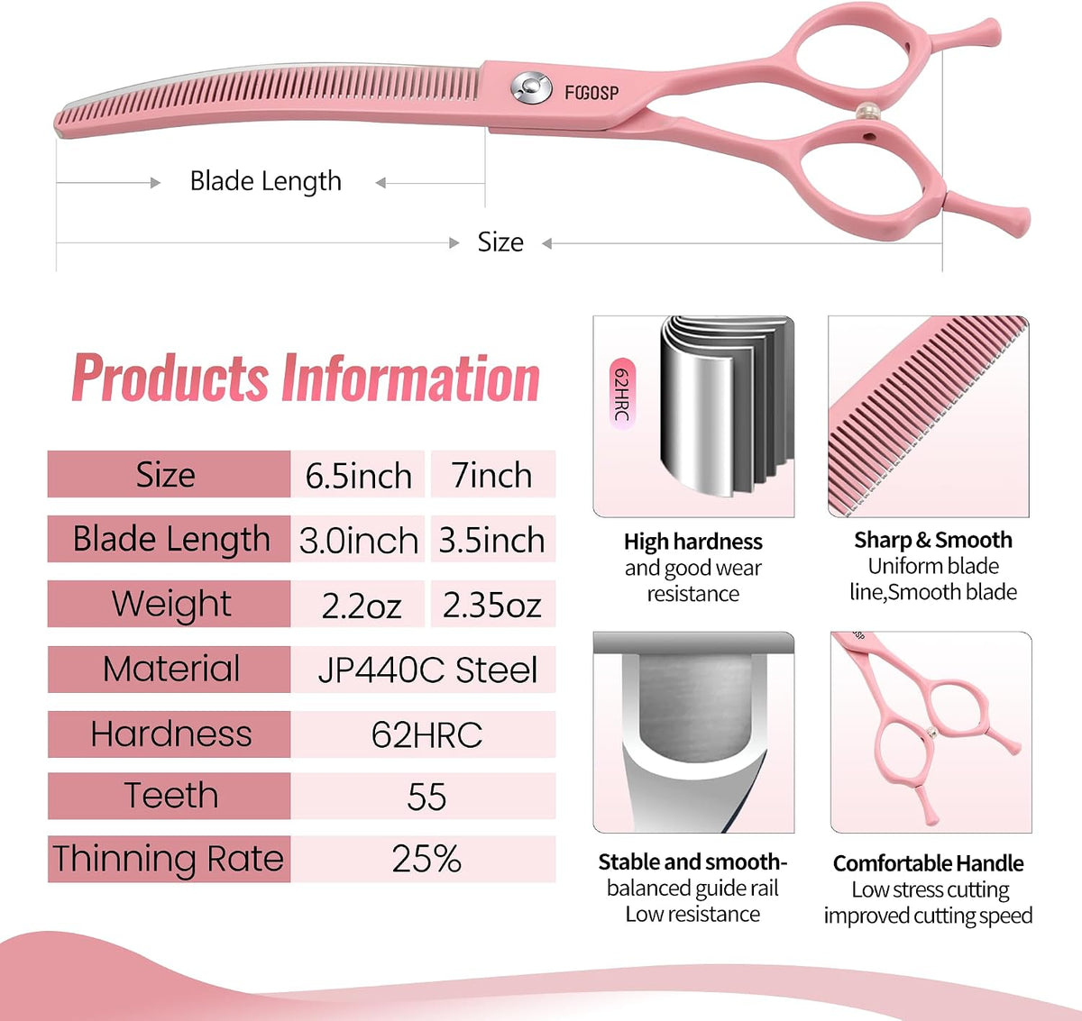 Professional Curved Thinning Shears Dog Grooming Scissors 6.5'' Macarone Series Pink Curved Thinner Scissors for Grooming Small Dogs Pet 48 Teeth Japan 440C(Curved Thinner,6.5)