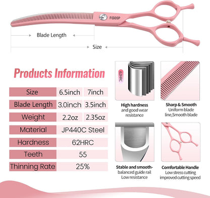 Professional Curved Thinning Shears Dog Grooming Scissors 6.5'' Macarone Series Pink Curved Thinner Scissors for Grooming Small Dogs Pet 48 Teeth Japan 440C(Curved Thinner,6.5)