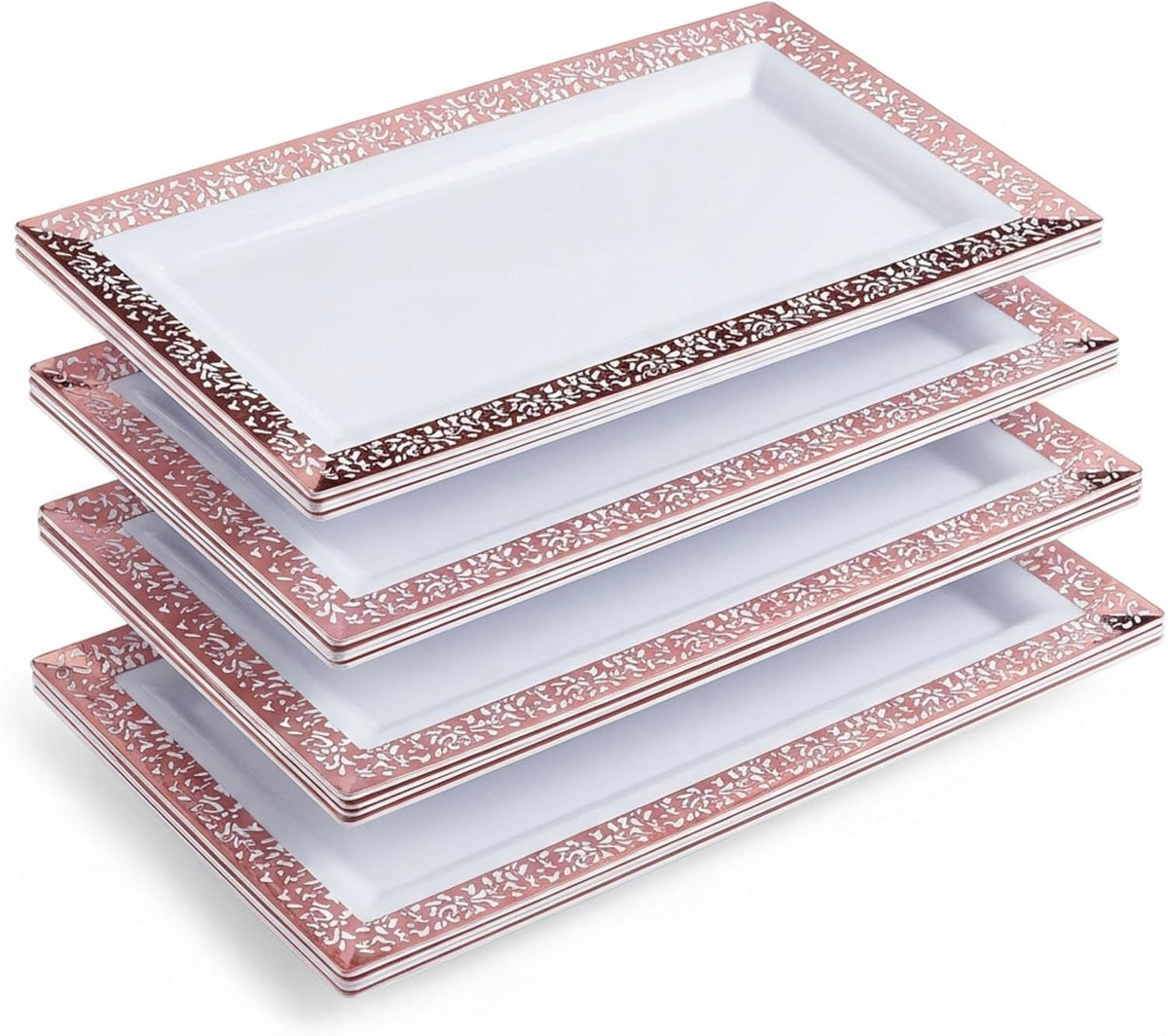 Plastic Serving Tray & Platter Set (4pk) White & Rose Gold Lace Disposable Party Trays & Platters for Food - Weddings, Dessert Table, Cupcake Display -14"x7.5" inches