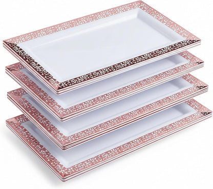 Plastic Serving Tray & Platter Set (4pk) White & Rose Gold Lace Disposable Party Trays & Platters for Food - Weddings, Dessert Table, Cupcake Display -14"x7.5" inches