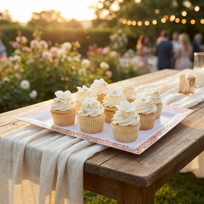 Plastic Serving Tray & Platter Set (4pk) White & Rose Gold Lace Disposable Party Trays & Platters for Food - Weddings, Dessert Table, Cupcake Display -14"x7.5" inches
