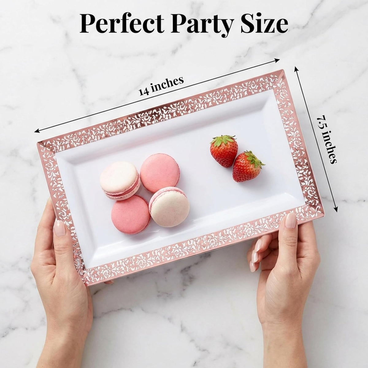 Plastic Serving Tray & Platter Set (4pk) White & Rose Gold Lace Disposable Party Trays & Platters for Food - Weddings, Dessert Table, Cupcake Display -14"x7.5" inches