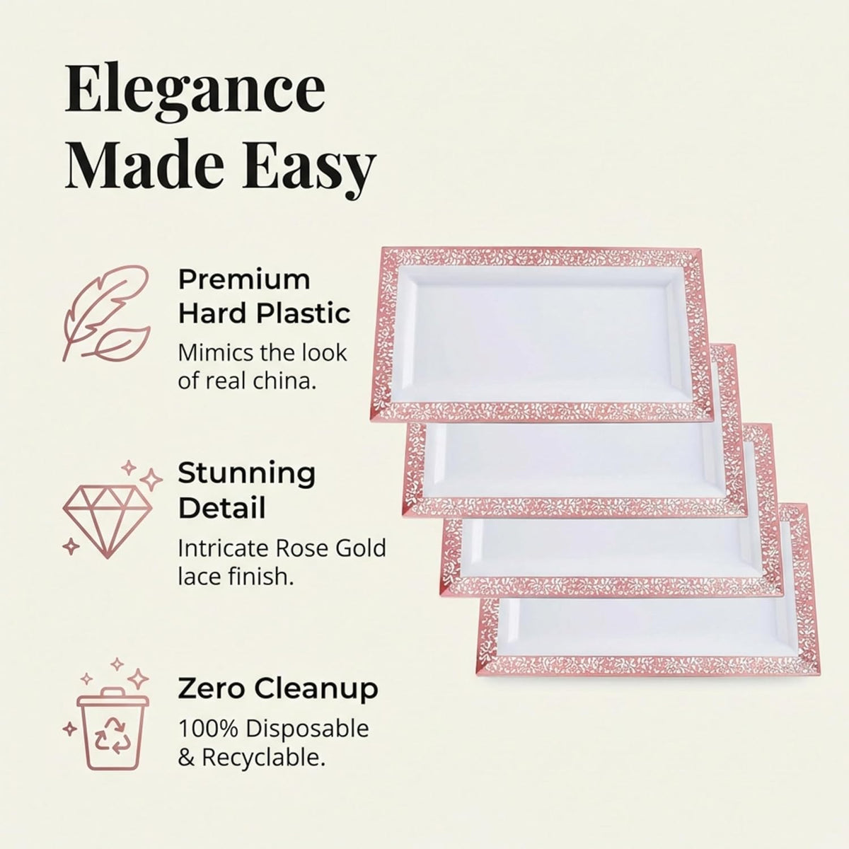 Plastic Serving Tray & Platter Set (4pk) White & Rose Gold Lace Disposable Party Trays & Platters for Food - Weddings, Dessert Table, Cupcake Display -14"x7.5" inches