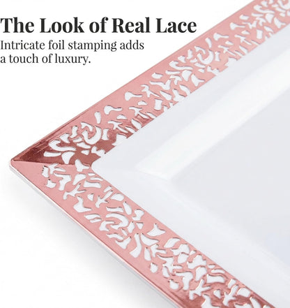 Plastic Serving Tray & Platter Set (4pk) White & Rose Gold Lace Disposable Party Trays & Platters for Food - Weddings, Dessert Table, Cupcake Display -14"x7.5" inches