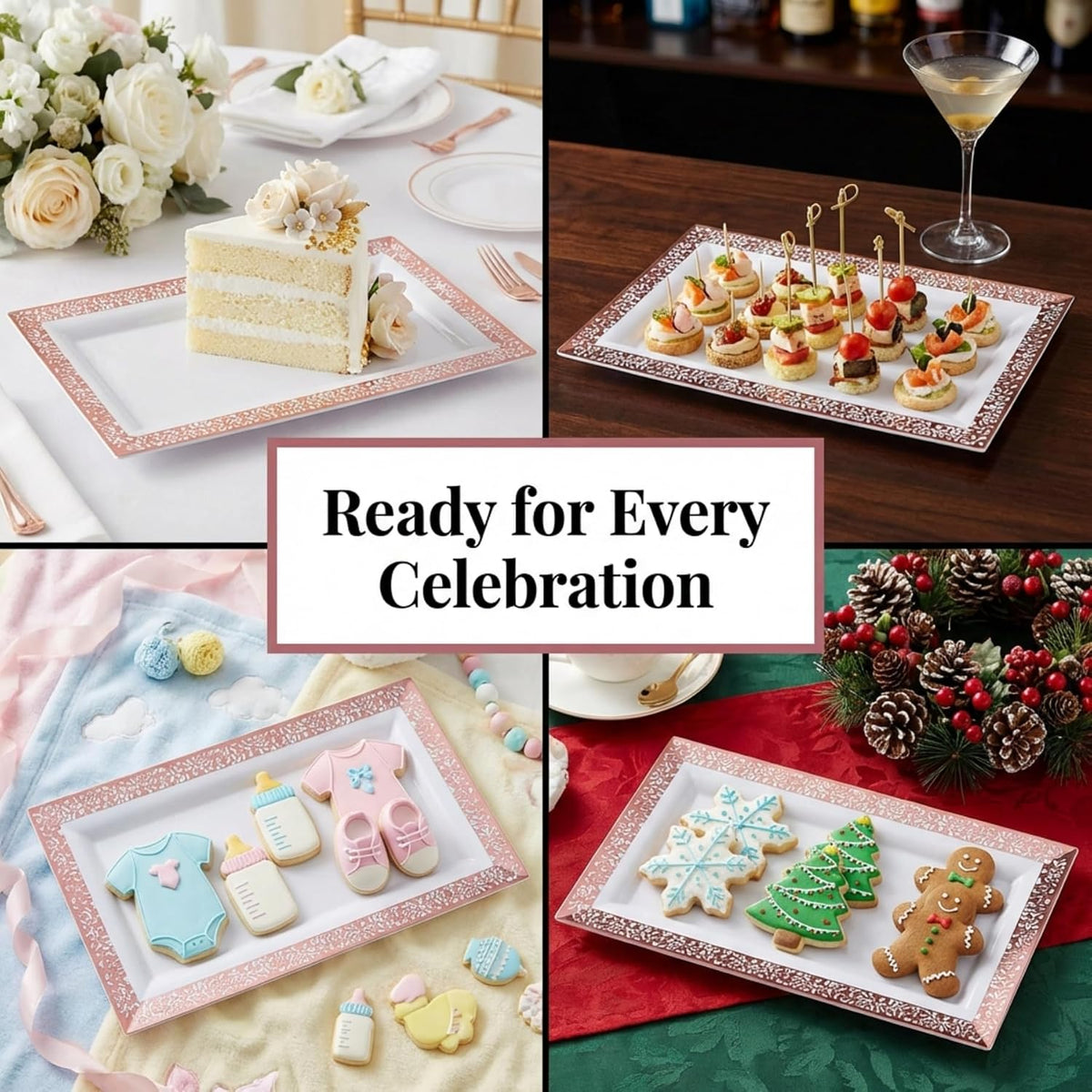 Plastic Serving Tray & Platter Set (4pk) White & Rose Gold Lace Disposable Party Trays & Platters for Food - Weddings, Dessert Table, Cupcake Display -14"x7.5" inches