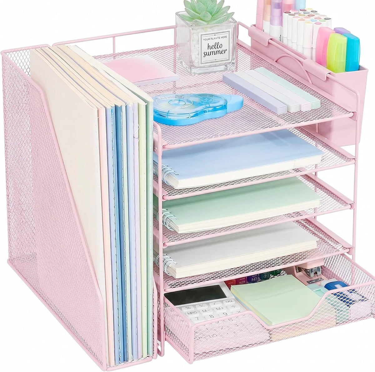 5-Tier Desk File Organizer with Drawer & Pen Holder (Pink)