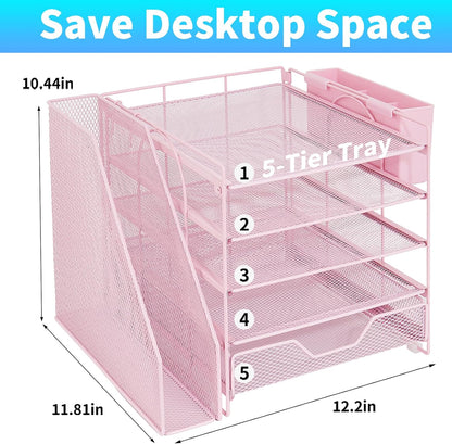 5-Tier Desk File Organizer with Drawer & Pen Holder (Pink)