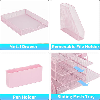 5-Tier Desk File Organizer with Drawer & Pen Holder (Pink)