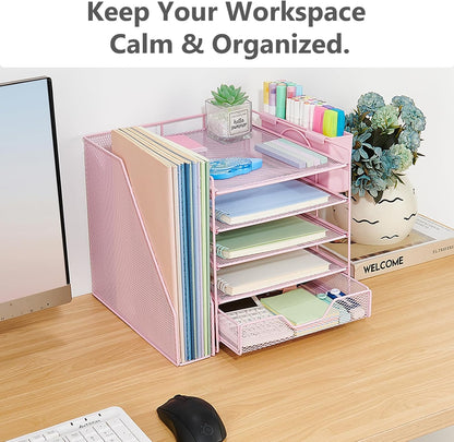 5-Tier Desk File Organizer with Drawer & Pen Holder (Pink)