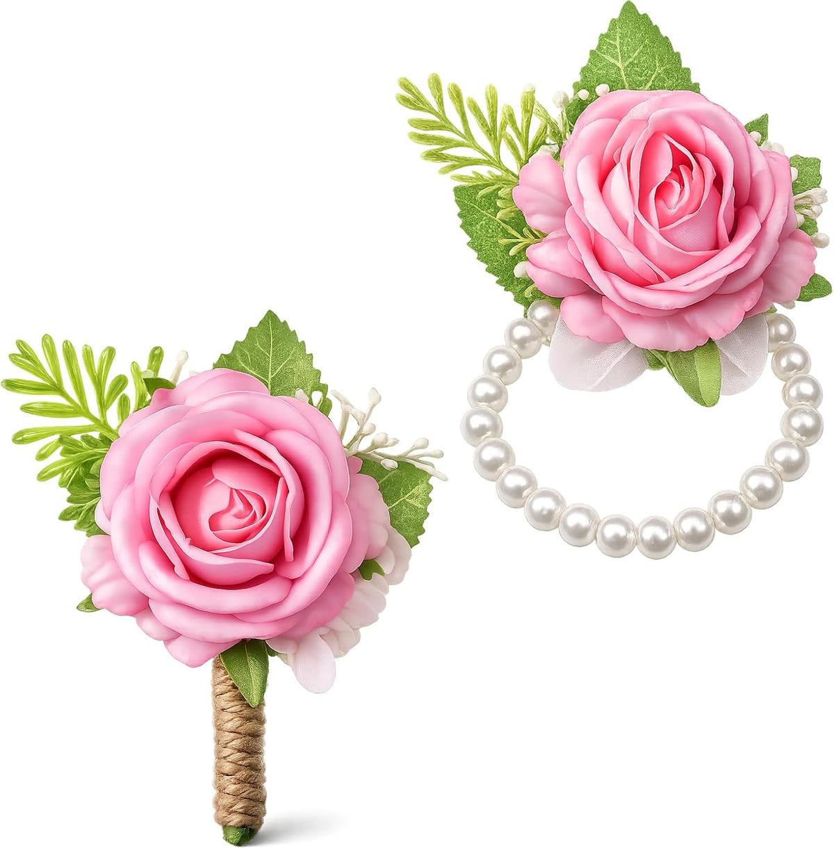 2 PCS Pink Rose Corsage and Boutonniere Set