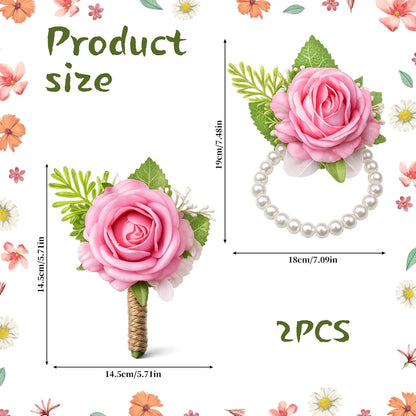 2 PCS Pink Rose Corsage and Boutonniere Set