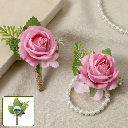 2 PCS Pink Rose Corsage and Boutonniere Set