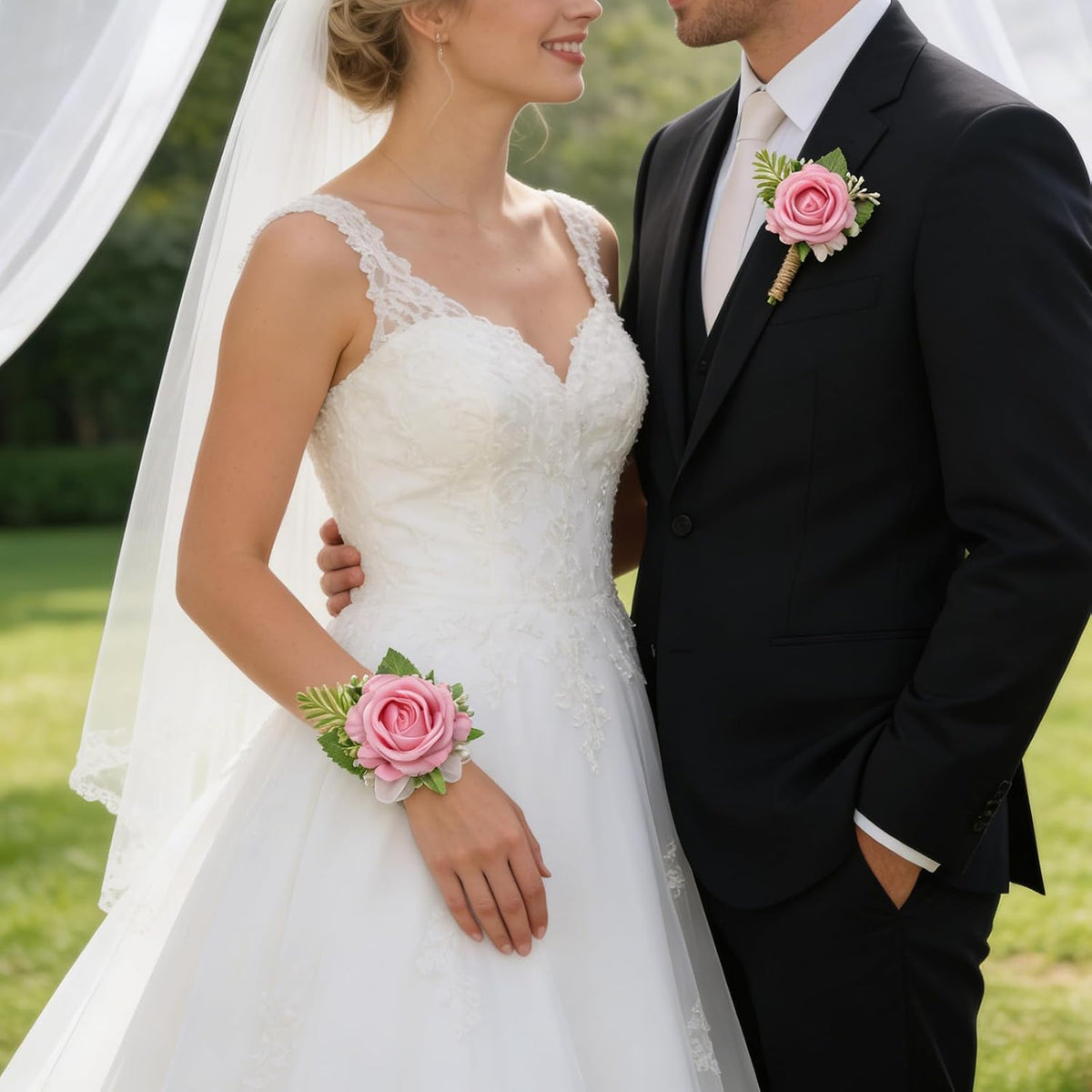 2 PCS Pink Rose Corsage and Boutonniere Set